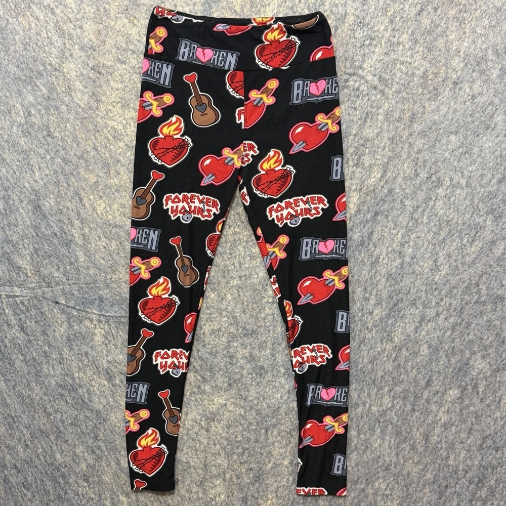 LuLaRoe Womens One Size Leggings Black Red Valentine Hearts Forever Yours